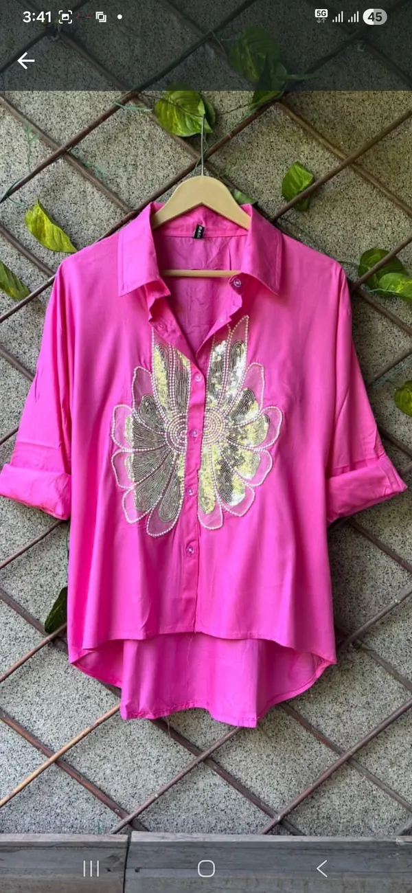 Pink_Rayon_Relaxed_Floral_Sequin_Embellished_High-Low_Shirt_For_Women