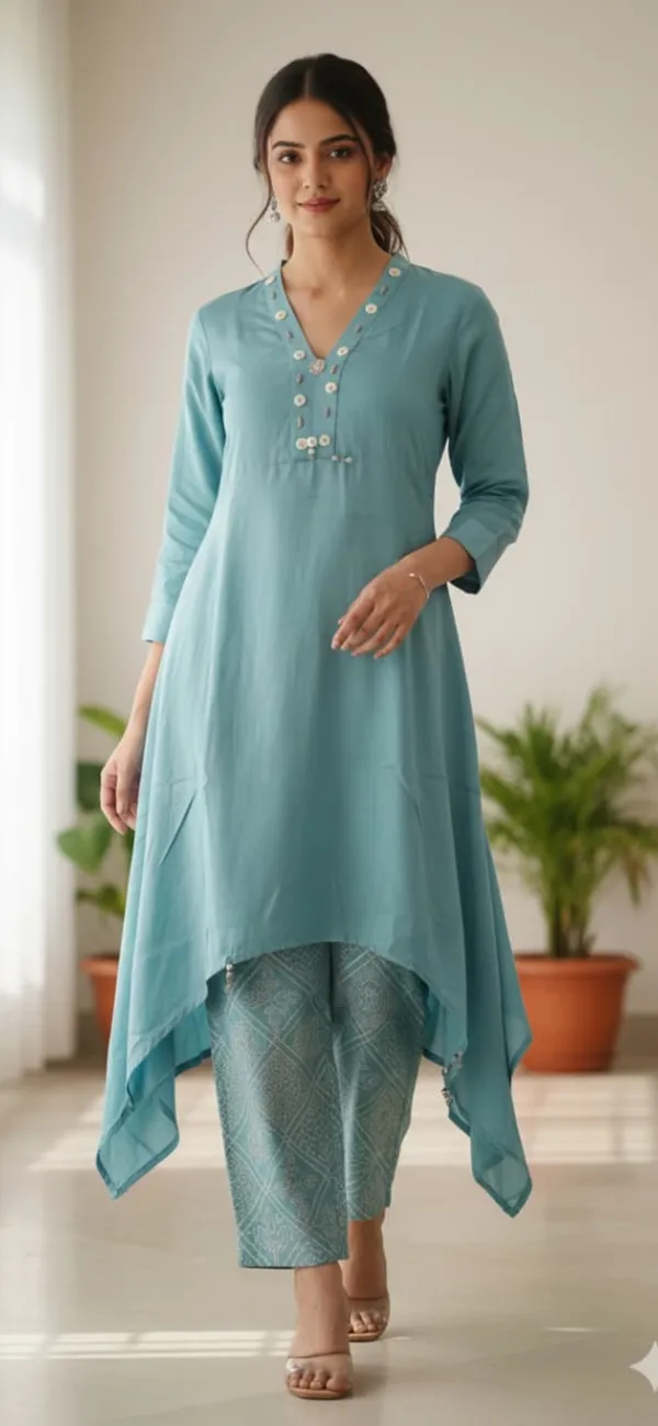 Aqua_Cotton_Asymmetric_Kurta_Set_For_Women