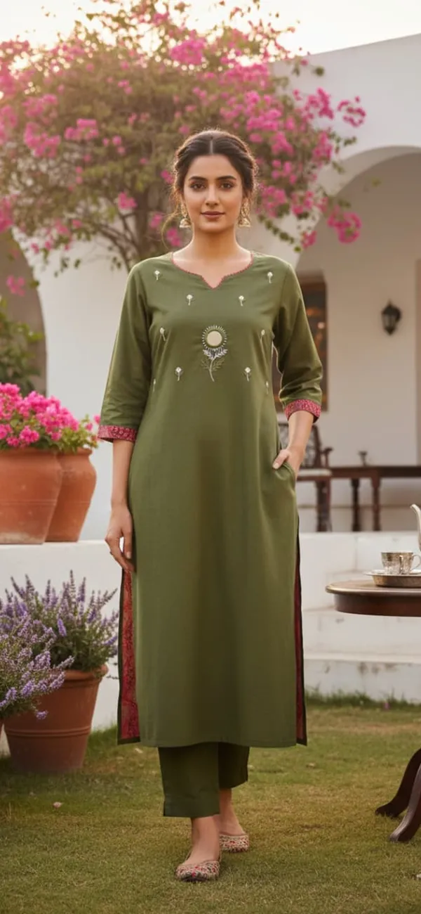 Olive_Green_Cotton_Straight_Embroidered_Kurta_Set_For_Women