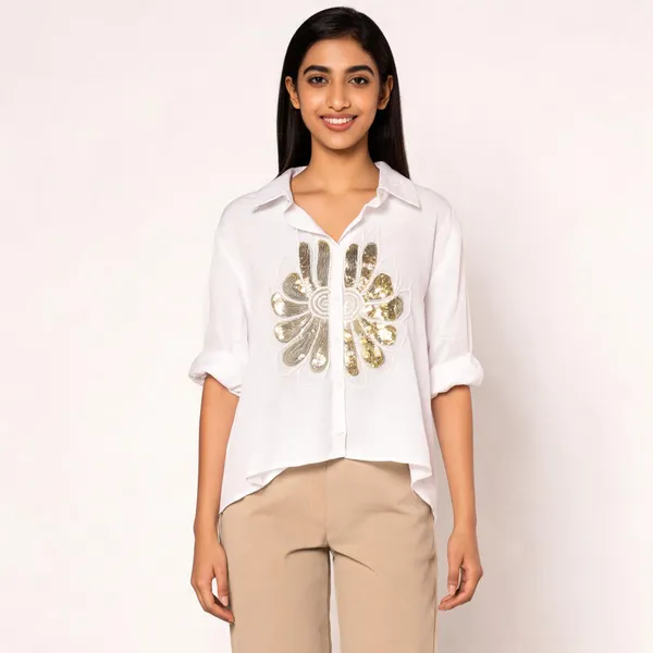 White_Rayon_Relaxed_Floral_Embellished_High-Low_Shirt_For_Women