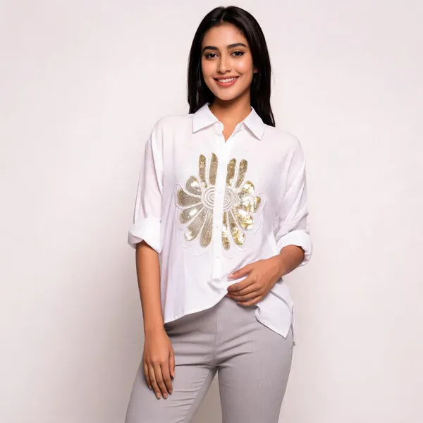 White_Rayon_Relaxed_Floral_Embellished_High-Low_Shirt_For_Women