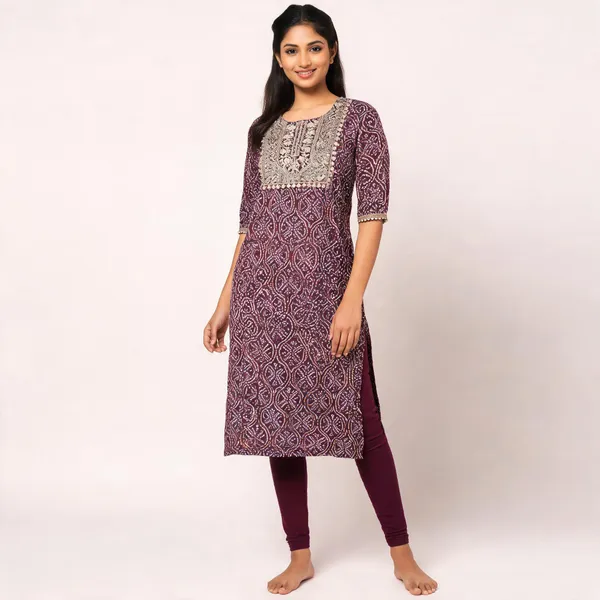 Maroon_Rayon_Straight_Bandhani_Print_Embroidered_Kurta_For_Women