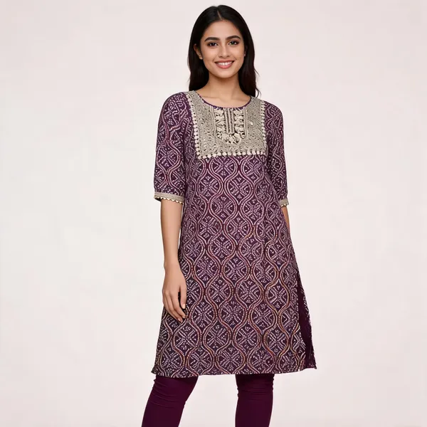 Maroon_Rayon_Straight_Bandhani_Print_Embroidered_Kurta_For_Women