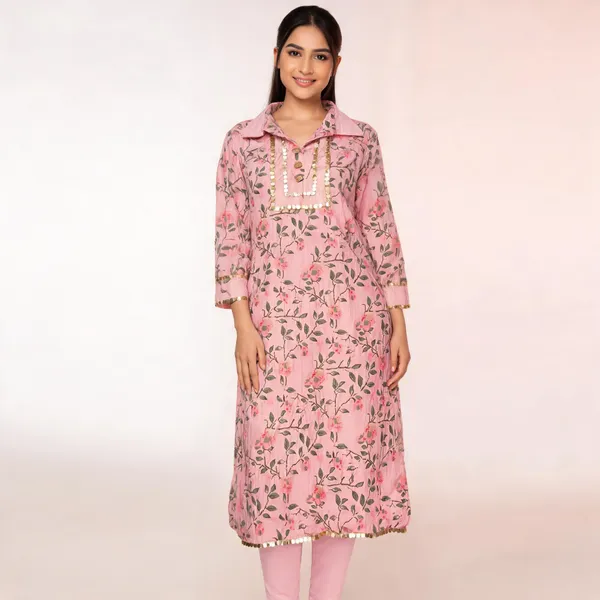 Pink_Cotton_Straight_Floral_Print_Sequin_Embellished_Kurta_For_Women