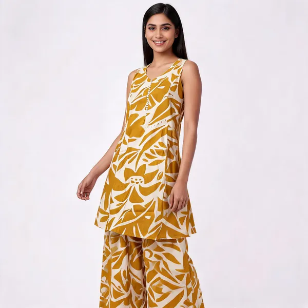 Mustard_Yellow_Cotton_Relaxed_Leaf_Print_Sleeveless_Kurti_For_Women