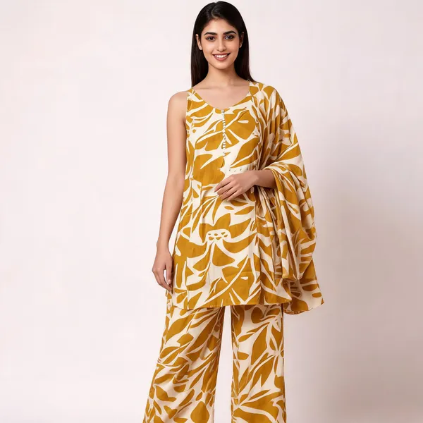 Mustard_Yellow_Cotton_Relaxed_Leaf_Print_Sleeveless_Kurti_For_Women