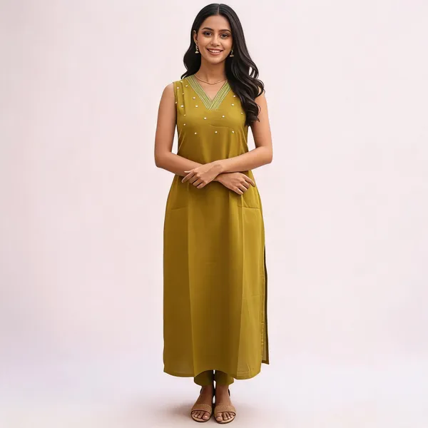 Mustard_Yellow_Cotton_Sleeveless_A-Line_Bead_Embellished_Kurta_For_Women