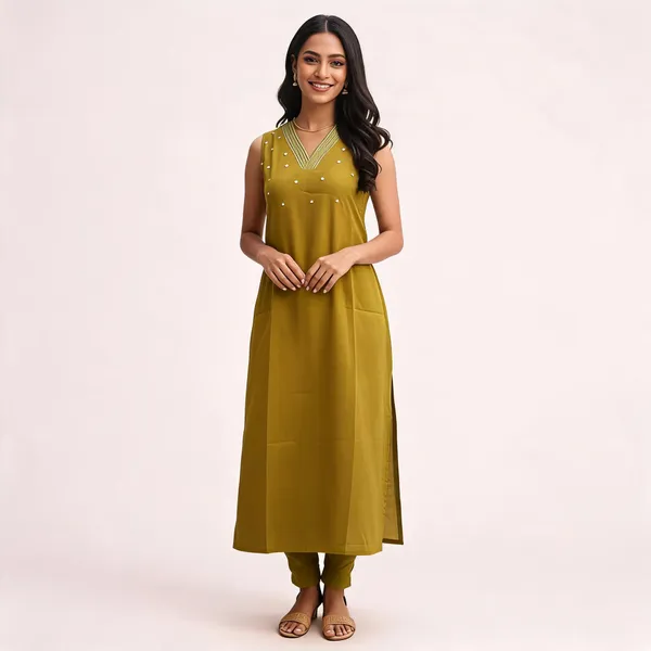 Mustard_Yellow_Cotton_Sleeveless_A-Line_Bead_Embellished_Kurta_For_Women