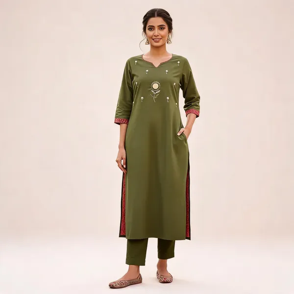 Olive_Green_Cotton_Straight_Embroidered_Kurta_Set_For_Women