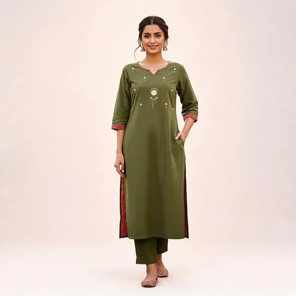Olive_Green_Cotton_Straight_Embroidered_Kurta_Set_For_Women