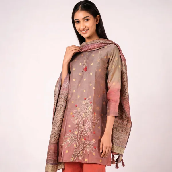Brown_Tissue_Silk_Embroidered_Suit_Set_With_Peach_Dupatta_For_Women