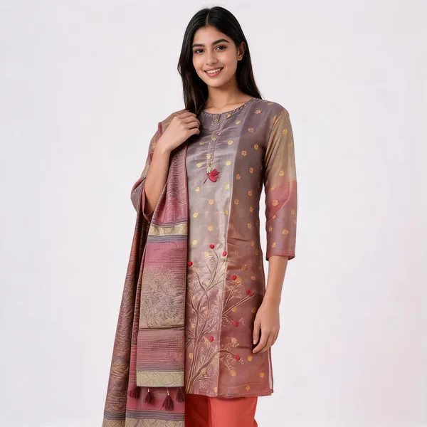 Brown_Tissue_Silk_Embroidered_Suit_Set_With_Peach_Dupatta_For_Women