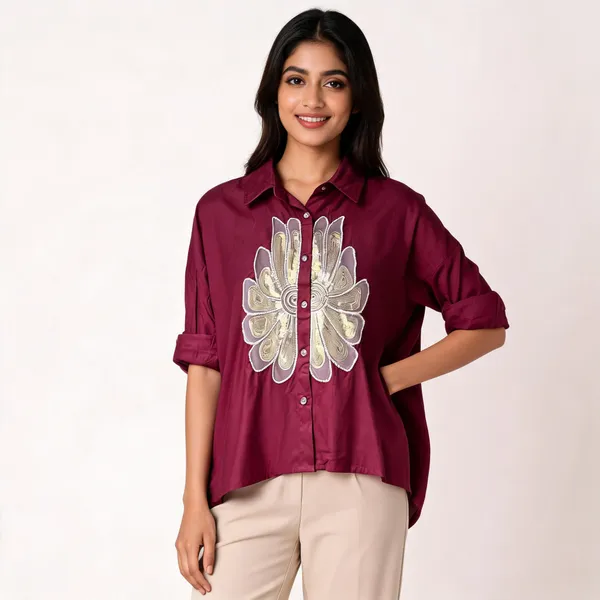 Maroon_Rayon_Oversized_Floral_Embroidered_High-Low_Shirt_For_Women