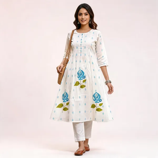 White_Cotton_Floral_Print_Anarkali_Kurta_For_Women