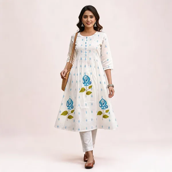 White_Cotton_Floral_Print_Anarkali_Kurta_For_Women