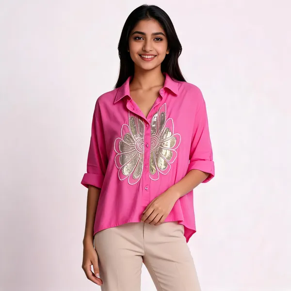 Pink_Rayon_Relaxed_Floral_Sequin_Embellished_High-Low_Shirt_For_Women