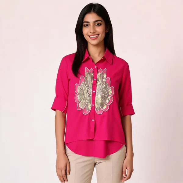 Pink_Rayon_Relaxed_Sequin_Floral_Embellished_High-Low_Shirt_For_Women