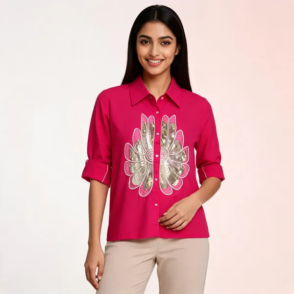Pink_Rayon_Relaxed_Sequin_Floral_Embellished_High-Low_Shirt_For_Women