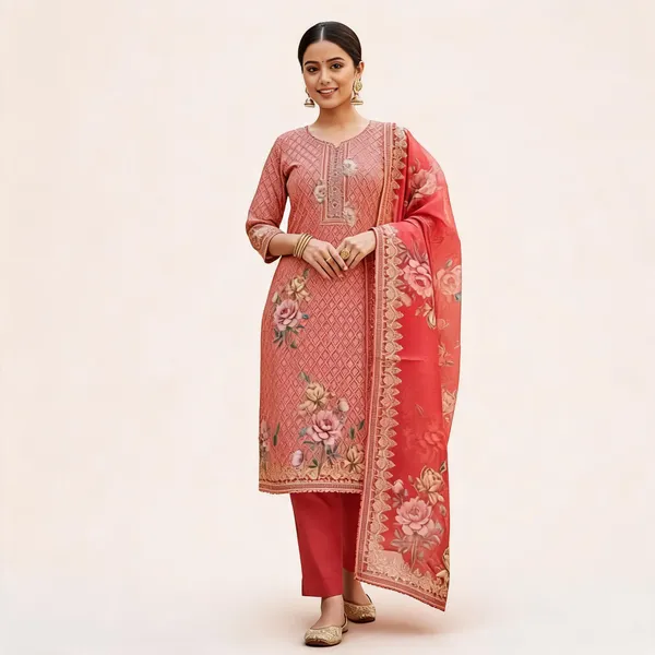 Peach_Silk_Straight_Ethnic_Print_Mirror_Work_Kurta_Set_For_Women