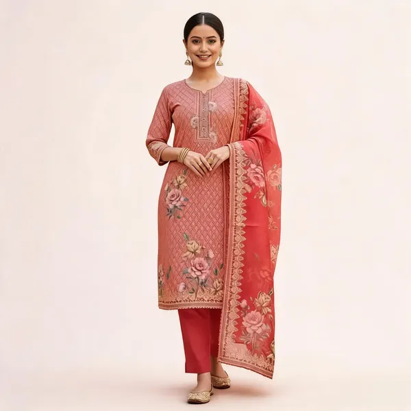 Peach_Silk_Straight_Ethnic_Print_Mirror_Work_Kurta_Set_For_Women