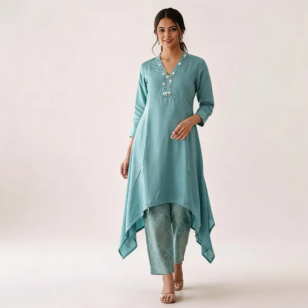 Aqua_Cotton_Asymmetric_Kurta_Set_For_Women