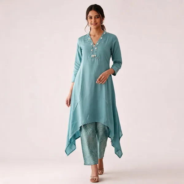 Aqua_Cotton_Asymmetric_Kurta_Set_For_Women