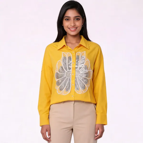 Yellow_Cotton_Embellished_Collared_Shirt_For_Women