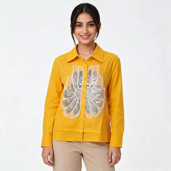 Yellow_Cotton_Embellished_Collared_Shirt_For_Women
