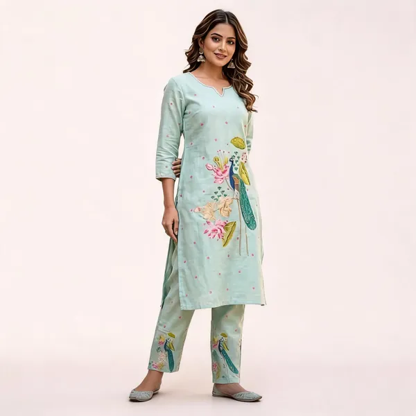 Mint_Green_Cotton_Embroidered_Kurta_Set_For_Women
