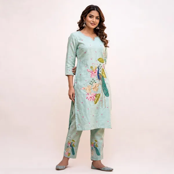Mint_Green_Cotton_Embroidered_Kurta_Set_For_Women