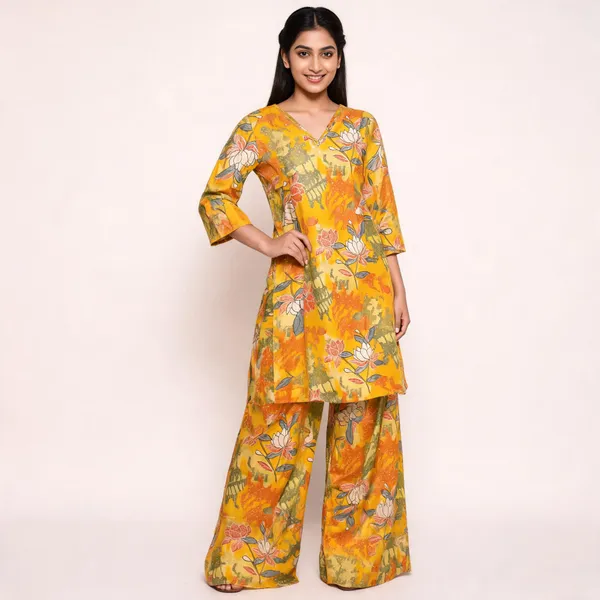 Yellow_Cotton_Floral_Print_Kurta_Set_For_Women