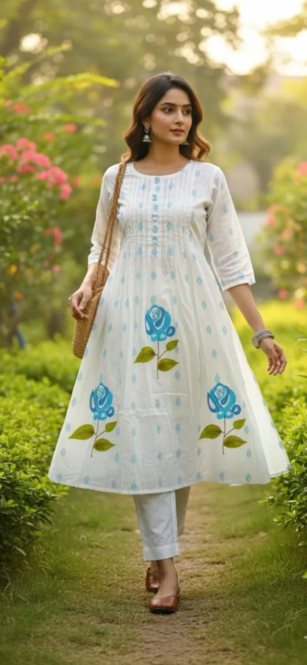 White_Cotton_Floral_Print_Anarkali_Kurta_For_Women