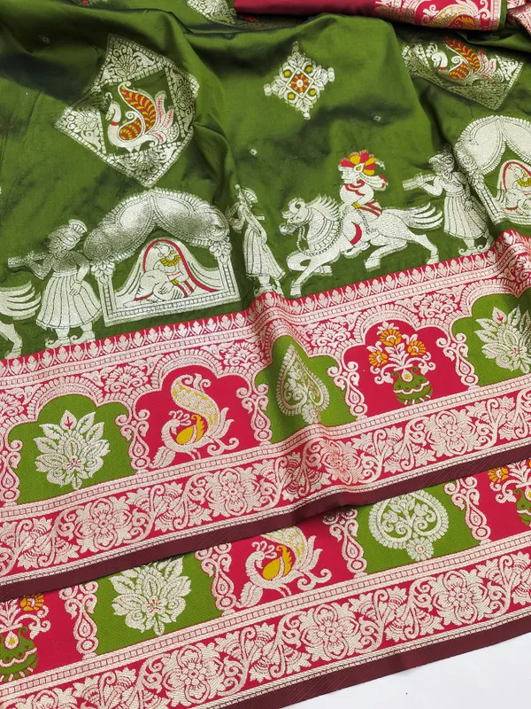 Mehendi_And_Red_Banarasi_Silk_Saree_And_Unstitched_Blouse_For_Women