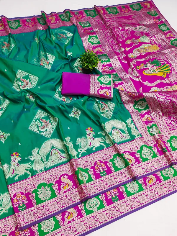 Green_And_Rani_Banarasi_Silk_Saree_And_Unstitched_Blouse_For_Women