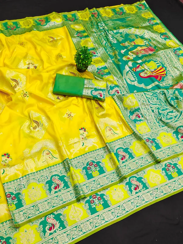 Yellow_And_Green_Banarasi_Silk_Saree_And_Unstitched_Blouse_For_Women