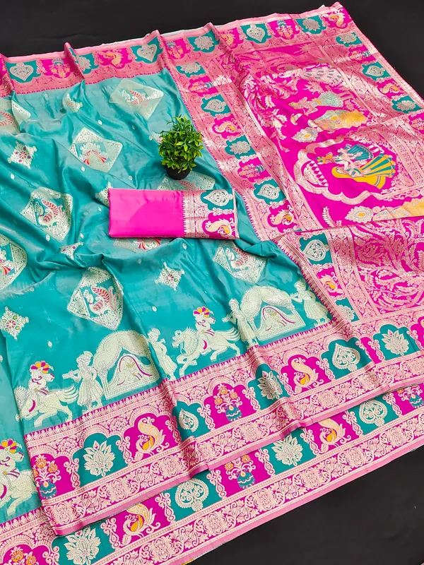 Rama_And_Pink_Banarasi_Silk_Saree_And_Unstitched_Blouse_For_Women