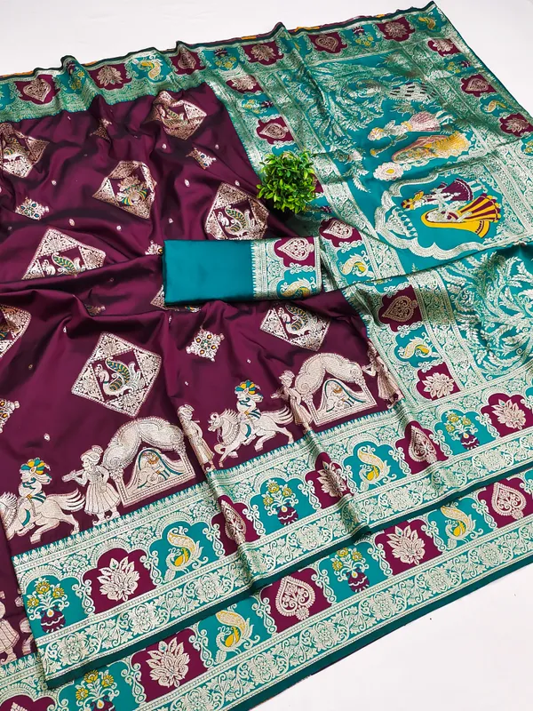 Magenta_And_Rama_Banarasi_Silk_Saree_And_Unstitched_Blouse_For_Women