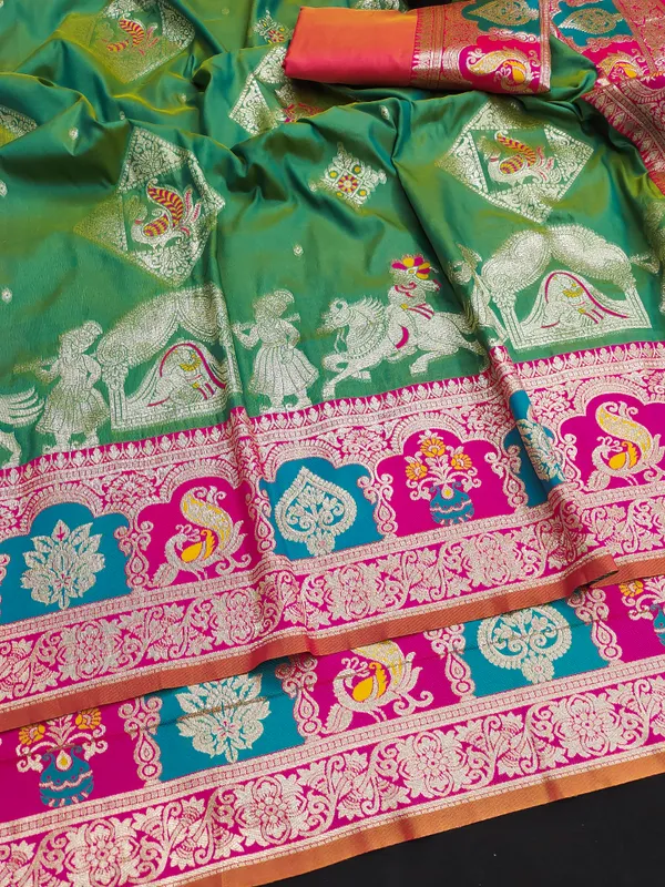 Firozi_Gold_And_Rani_Banarasi_Silk_Saree_And_Unstitched_Blouse_For_Women