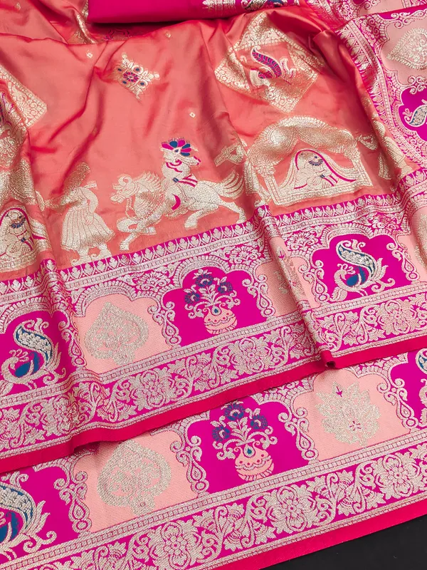Peach_And_Rani_Banarasi_Silk_Saree_And_Unstitched_Blouse_For_Women