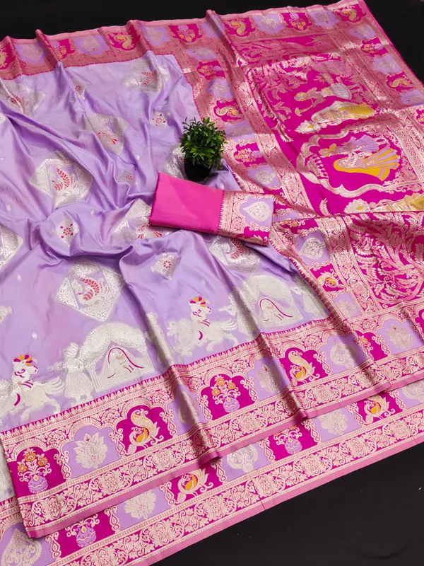 Lavender_And_Pink_Banarasi_Silk_Saree_And_Unstitched_Blouse_For_Women