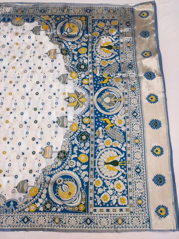 White_And_Blue_Banarasi_Silk_Saree_And_Unstitched_Blouse_For_Women