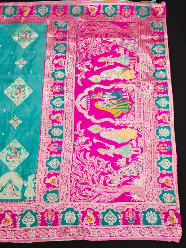 Rama_And_Pink_Banarasi_Silk_Saree_And_Unstitched_Blouse_For_Women