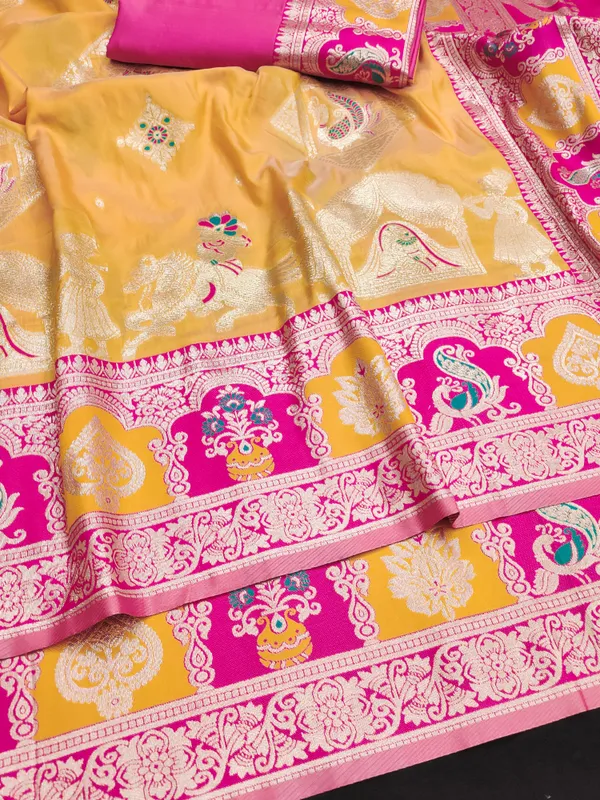 Gold_And_Rani_Banarasi_Silk_Saree_And_Unstitched_Blouse_For_Women