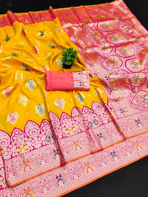 Gold_And_Rani_Banarasi_Silk_Saree_And_Unstitched_Blouse_For_Women