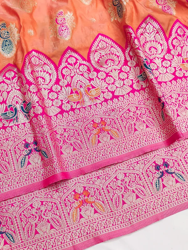 Orange_And_Pink_Banarasi_Silk_Saree_And_Unstitched_Blouse_For_Women