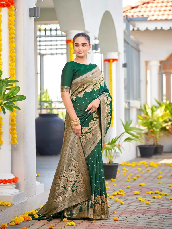 Bottle_Green_Golden_Floral_Silk_Saree_|_Wedding_Saree