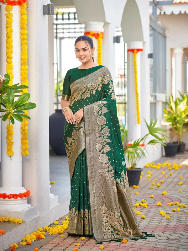 Bottle_Green_Golden_Floral_Silk_Saree_|_Wedding_Saree