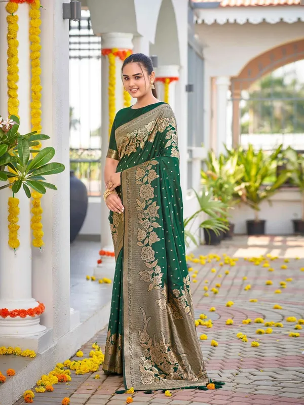 Bottle_Green_Golden_Floral_Silk_Saree_|_Wedding_Saree