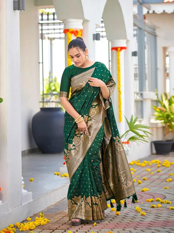 Bottle_Green_Golden_Floral_Silk_Saree_|_Wedding_Saree