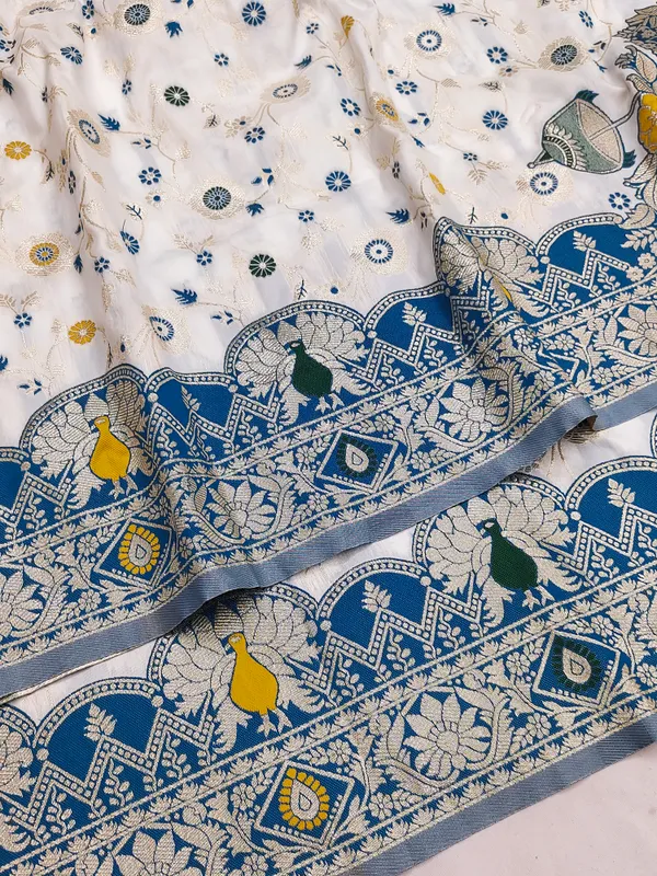 White_And_Blue_Banarasi_Silk_Saree_And_Unstitched_Blouse_For_Women
